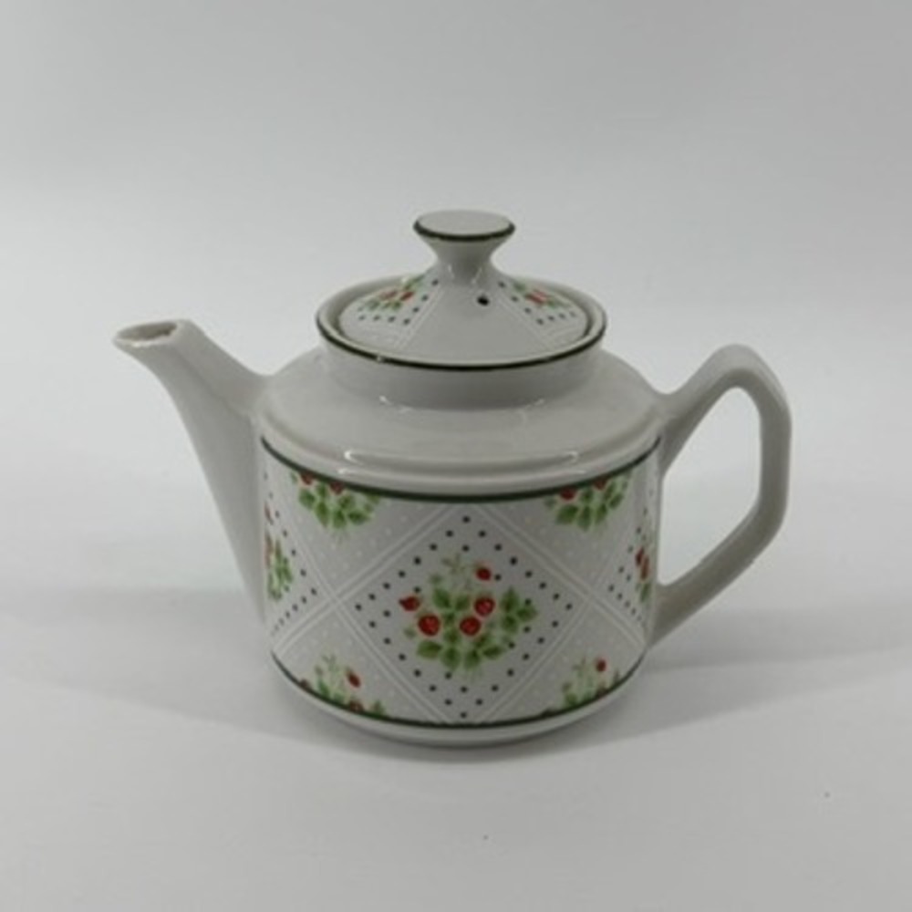 Vintage 1975 Enesco Swiss Strawberry Dot Fine China Teapot Japan White Green